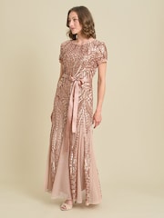Gina Bacconi Gold Monique Embroidered Sequin Godet Maxi Dress - Image 4 of 7