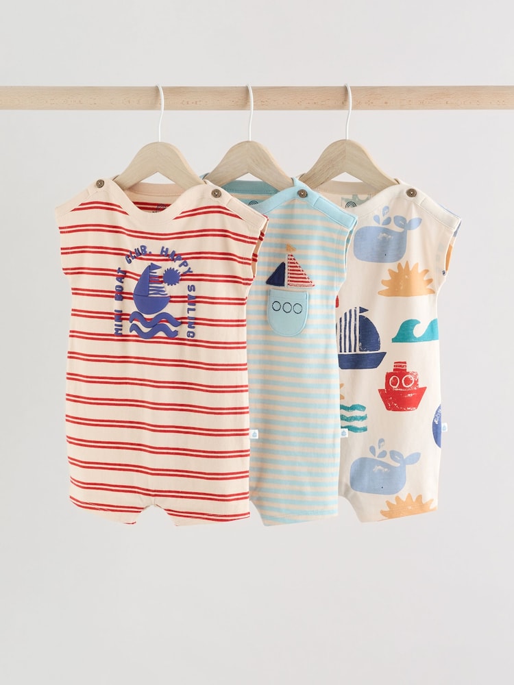 Blue/White Baby 100% Cotton Rompers 3 Pack - Image 1 of 11