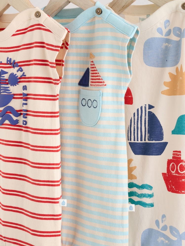 Blue/White Baby 100% Cotton Rompers 3 Pack - Image 7 of 11