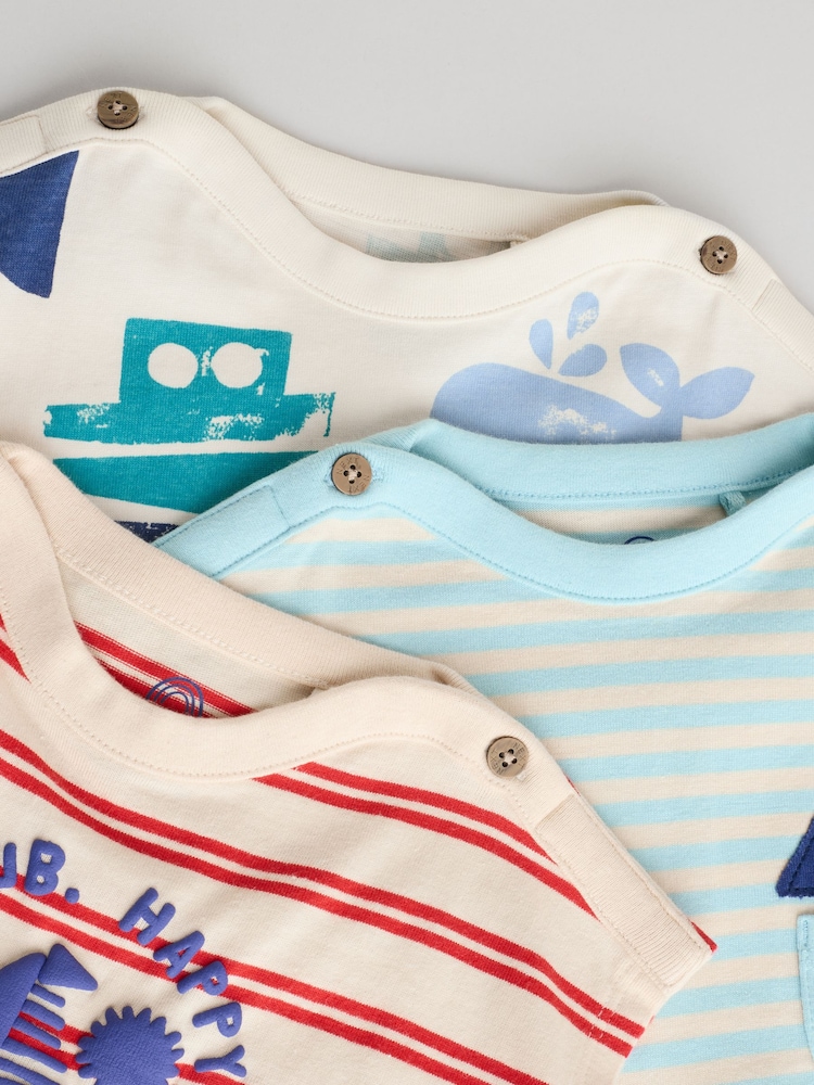 Blue/White Baby 100% Cotton Rompers 3 Pack - Image 8 of 11