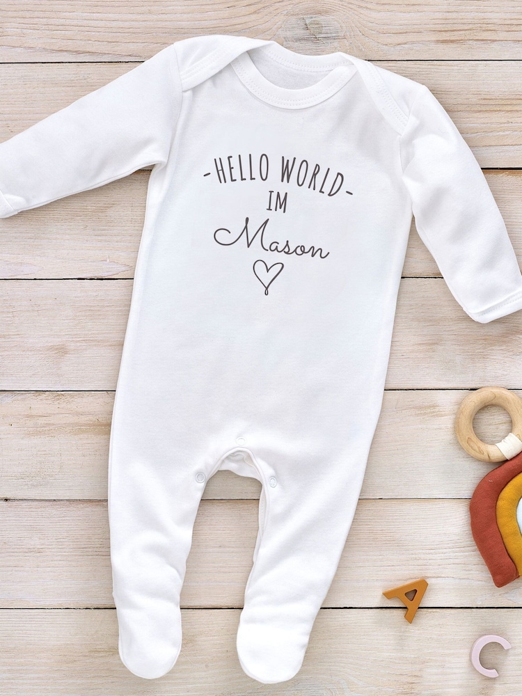 Little Years Personalised Hello World 100% Cotton White Sleepsuit - Image 1 of 4