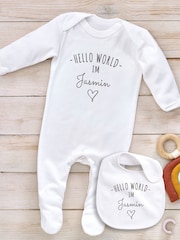 Little Years Personalised Hello World 100% Cotton White Sleepsuit - Image 4 of 4