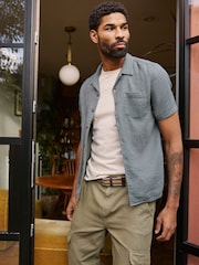 FatFace Bugle Dusky Green Stripe Short Sleeve Linen Cotton Shirt - Image 1 of 6