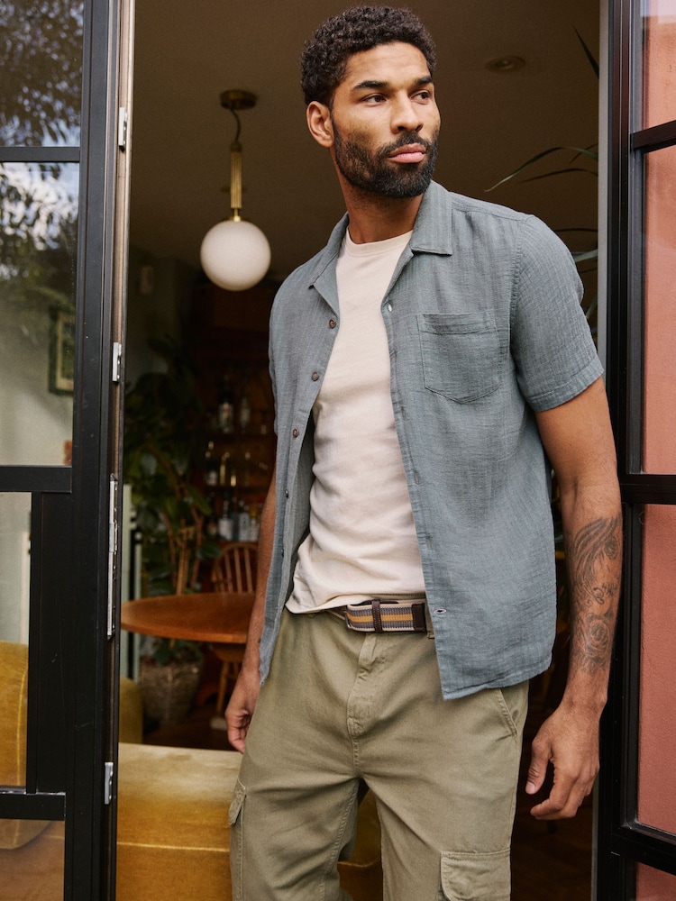 FatFace Bugle Dusky Green Stripe Short Sleeve Linen Cotton Shirt - Image 1 of 6