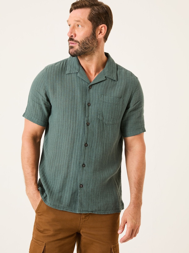 FatFace Bugle Dusky Green Stripe Short Sleeve Linen Cotton Shirt - Image 2 of 6