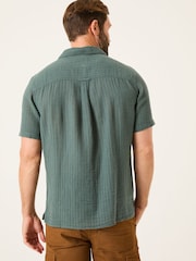 FatFace Bugle Dusky Green Stripe Short Sleeve Linen Cotton Shirt - Image 3 of 6