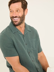 FatFace Bugle Dusky Green Stripe Short Sleeve Linen Cotton Shirt - Image 4 of 6