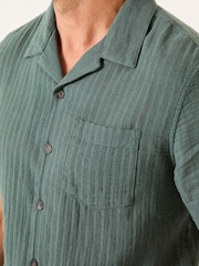 FatFace Bugle Dusky Green Stripe Short Sleeve Linen Cotton Shirt - Image 5 of 6