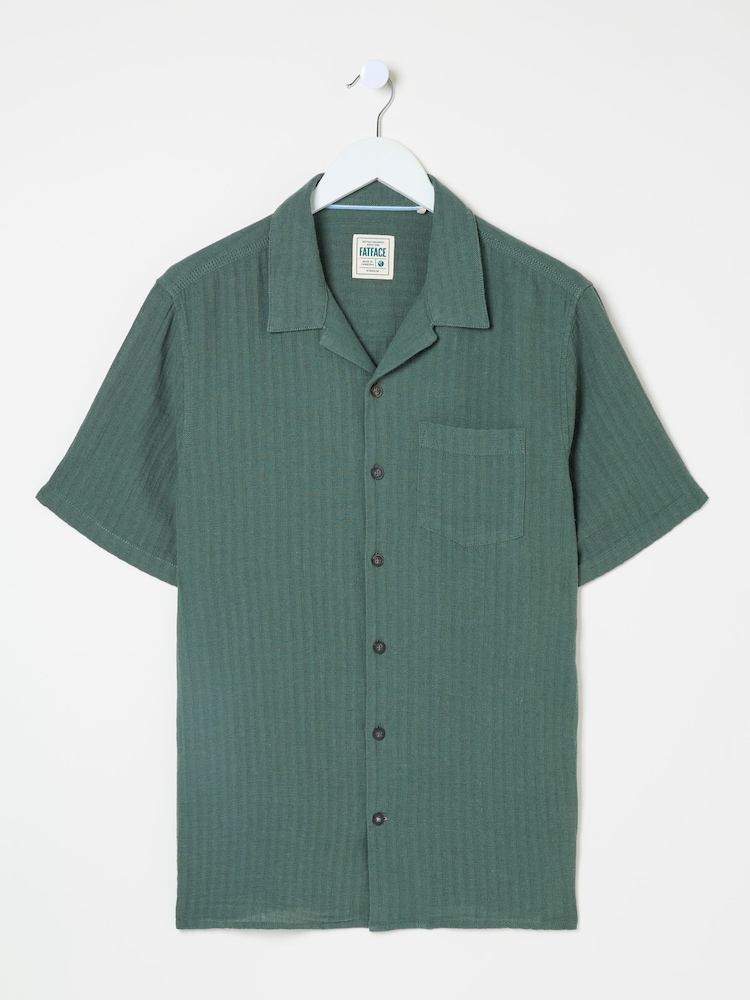 FatFace Bugle Dusky Green Stripe Short Sleeve Linen Cotton Shirt - Image 6 of 6