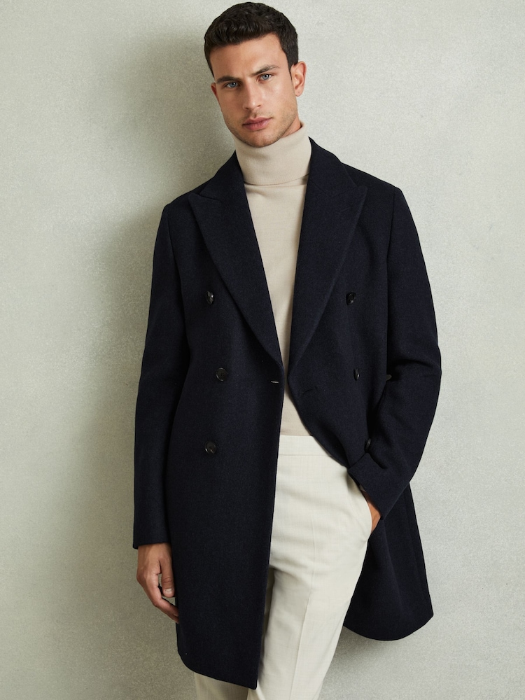 Reiss Navy Herringbone Cliff Wool Blend Herringbone Twill Overcoat - Image 3 of 6