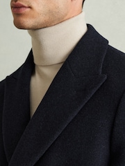 Reiss Navy Herringbone Cliff Wool Blend Herringbone Twill Overcoat - Image 4 of 6