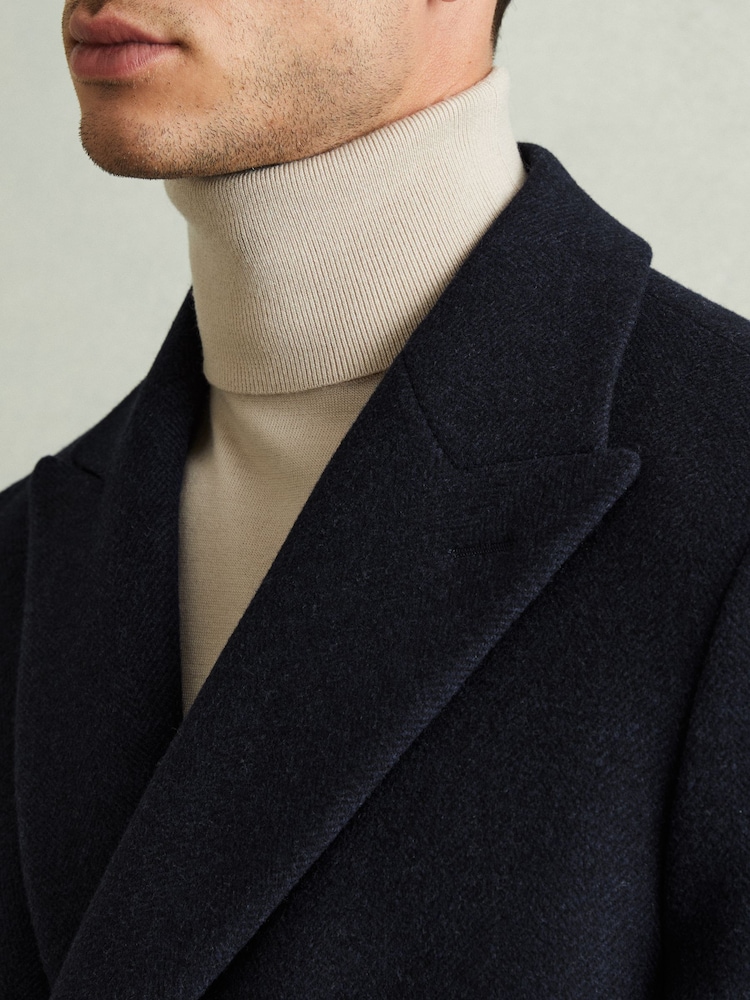 Reiss Navy Herringbone Cliff Wool Blend Herringbone Twill Overcoat - Image 4 of 6