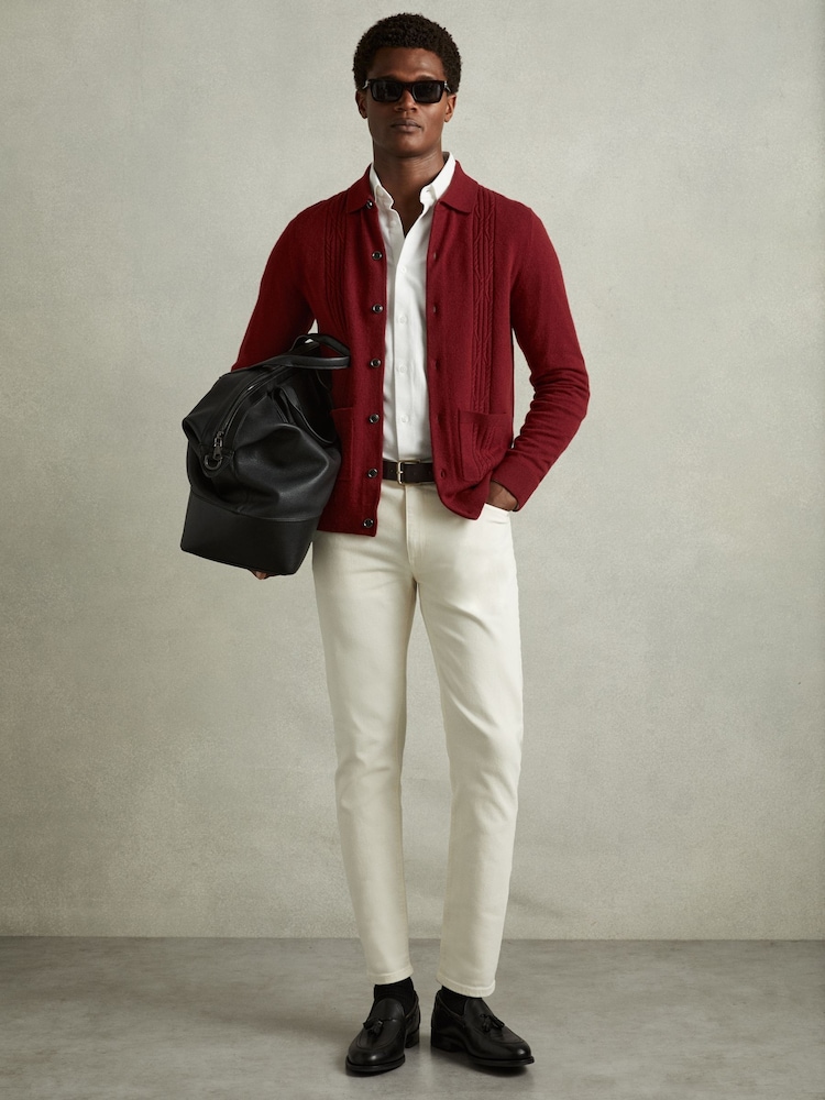 Reiss Red Lockhurst Wool Cabled-Knitted Cardigan - Image 1 of 6