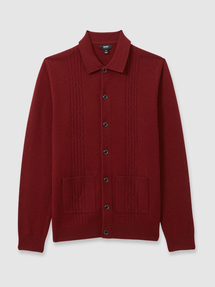 Reiss Red Lockhurst Wool Cabled-Knitted Cardigan - Image 2 of 6