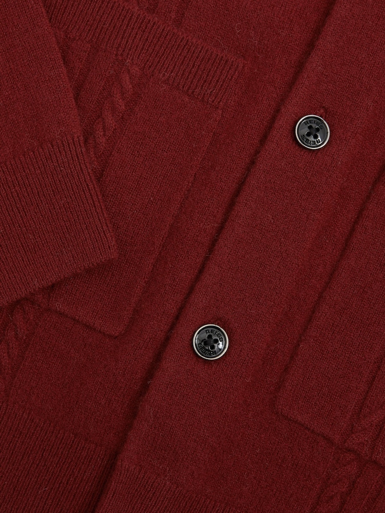 Reiss Red Lockhurst Wool Cabled-Knitted Cardigan - Image 6 of 6