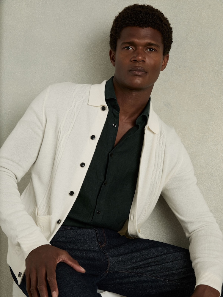 Reiss White Lockhurst Wool Cabled-Knitted Cardigan - Image 1 of 6