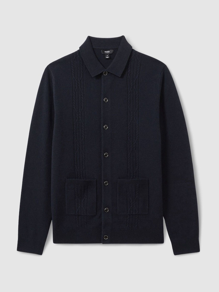 Reiss Navy Lockhurst Wool Cabled-Knitted Cardigan - Image 2 of 5
