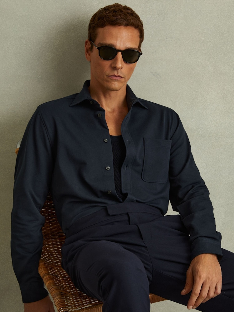 Reiss Navy Kappo Cotton Blend Twill Overshirt - Image 1 of 6