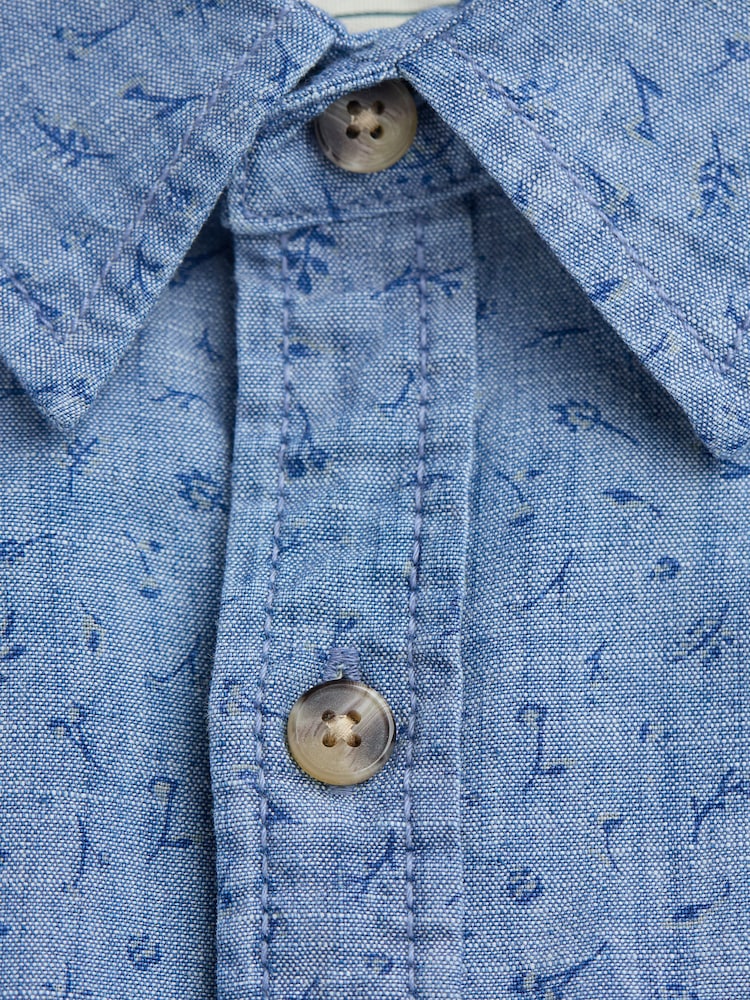 FatFace Chambray Blue Leaf Print Long Sleeve Shirt - Image 6 of 6