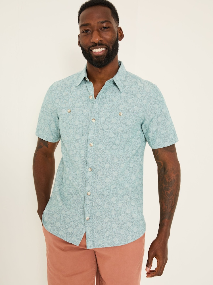 FatFace Pale Blue Short Sleeve Tile Print Shirt - Image 1 of 5