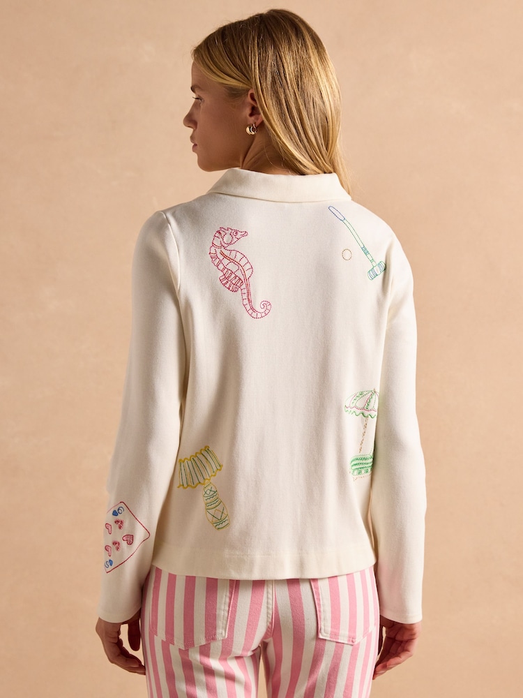 Joules Premium Ribbed Embroidered Cream Jersey Cardigan - Image 11 of 15