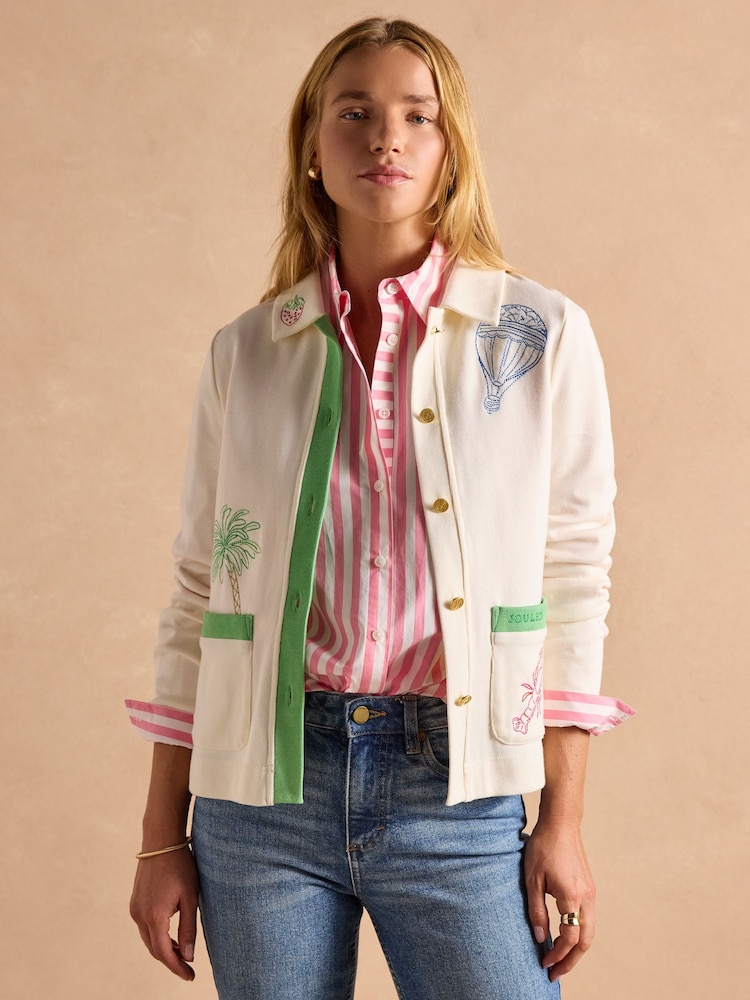 Joules Premium Ribbed Embroidered Cream Jersey Cardigan - Image 14 of 15
