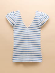 Joules Emma Blue Striped V-Neck Frill Jersey Vest - Image 8 of 8