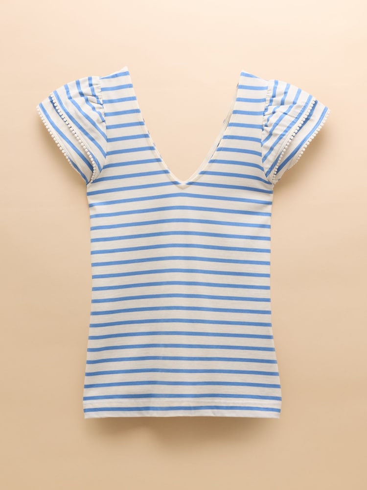Joules Emma Blue Striped V-Neck Frill Jersey Vest - Image 8 of 8