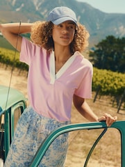 Joules Tallie Pink Short Sleeve Combed 100% Cotton Collared Top - Image 2 of 9