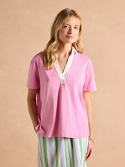 Joules Tallie Pink Short Sleeve Combed 100% Cotton Collared Top - Image 3 of 9