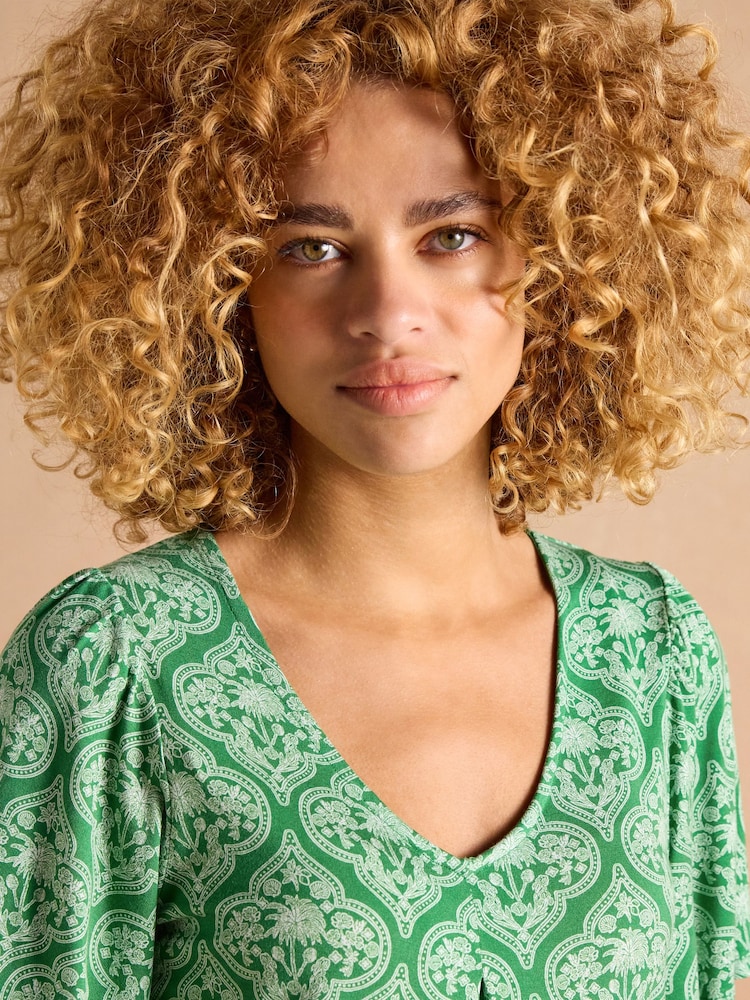 Joules Nia Green Pleat Front Jersey Top - Image 4 of 8