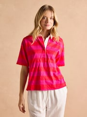 Joules Leighton Pink Stripe Short Sleeve Cotton Slub Rugby Top - Image 1 of 7