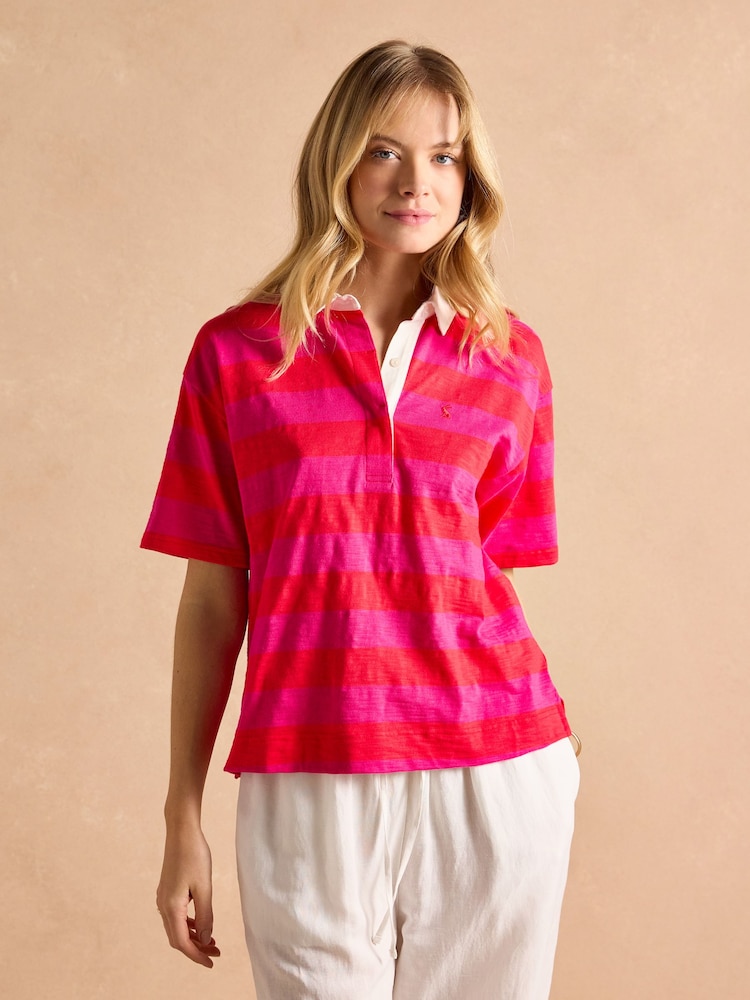 Joules Leighton Pink Stripe Short Sleeve Cotton Slub Rugby Top - Image 1 of 7 Joules Leighton Pink Stripe Short Sleeve Cotton Slub Rugby Top - Image 1 of 7