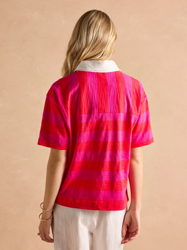 Joules Leighton Pink Stripe Short Sleeve Cotton Slub Rugby Top - Image 2 of 7
