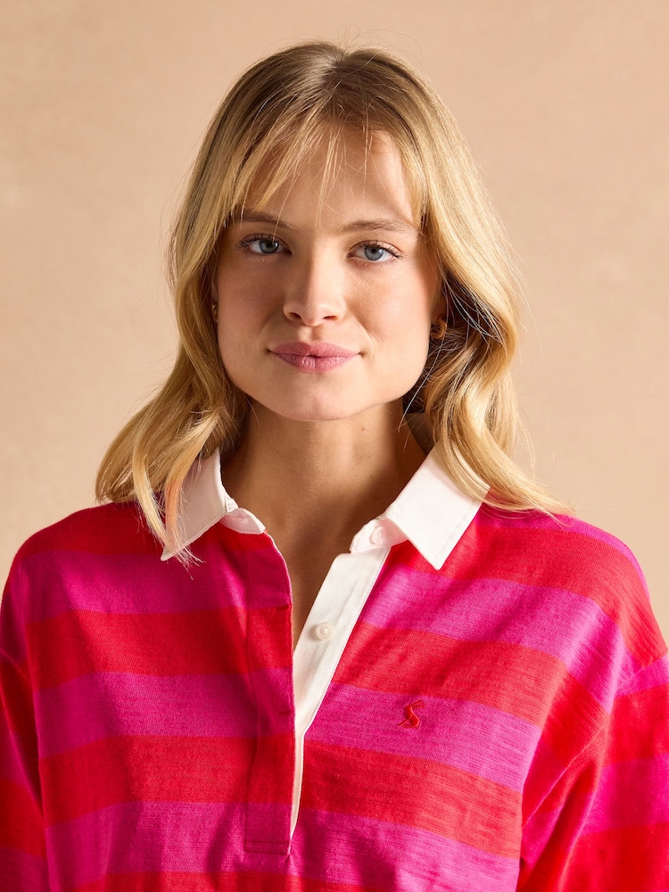 Joules Leighton Pink Stripe Short Sleeve Cotton Slub Rugby Top - Image 4 of 7
