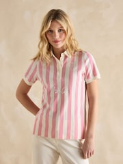 Joules Beaufort Pink/Cream Stripe Polo Shirt - Image 1 of 7