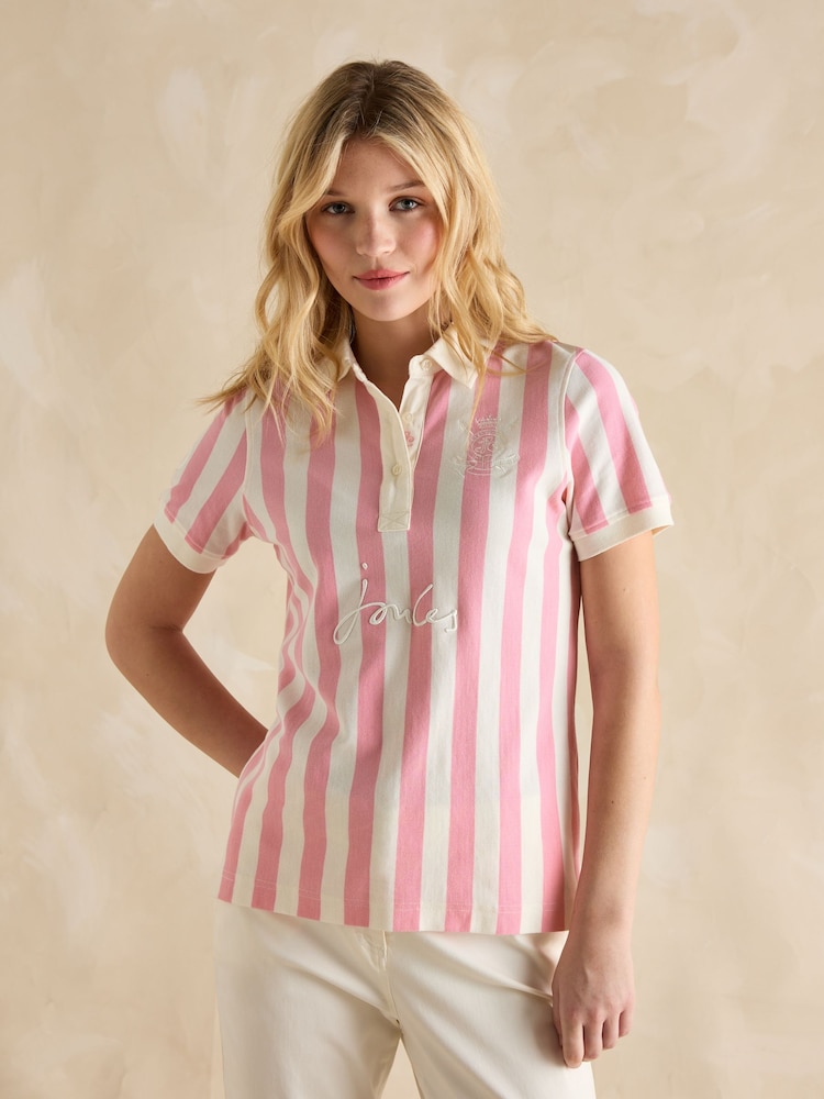 Joules Beaufort Pink/Cream Stripe Polo Shirt - Image 1 of 7