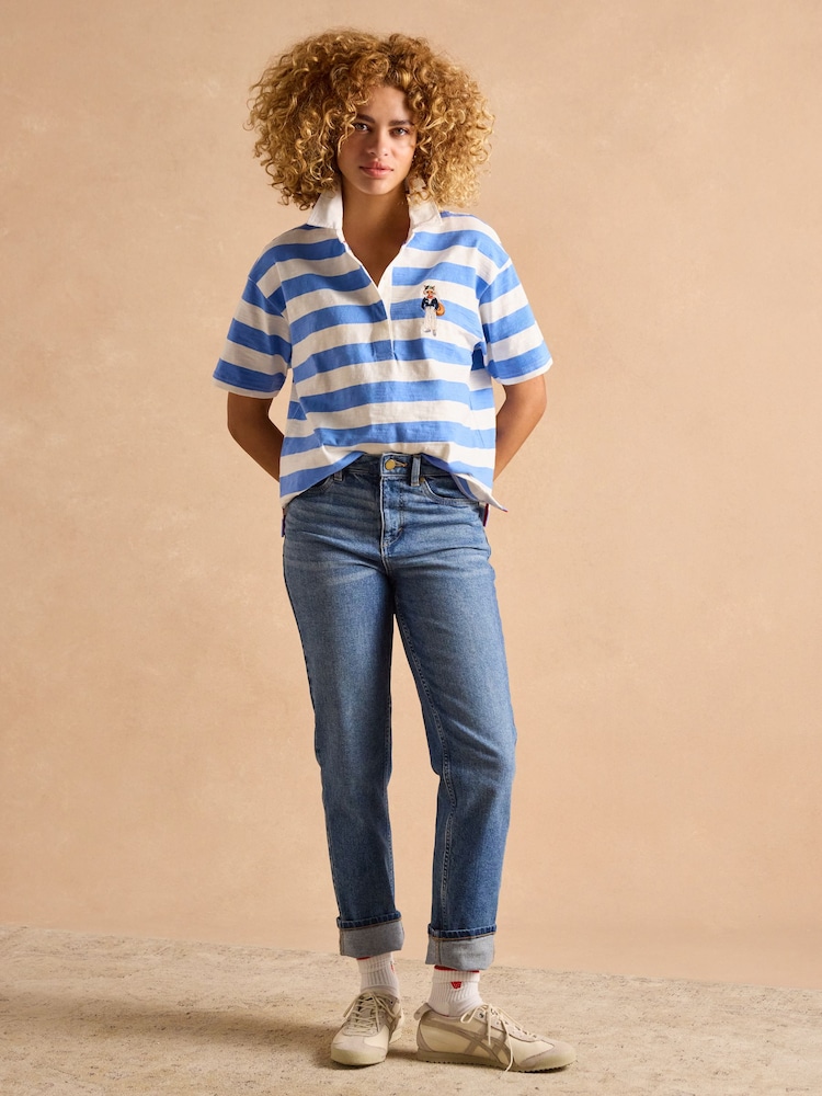 Joules Leighton Blue Stripe Short Sleeve Cotton Slub Rugby Top - Image 10 of 12