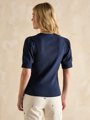 Joules Tabitha Navy Blue Ribbed V-Neck Top With Puff Sleeves - Image 2 of 6