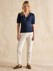 Joules Tabitha Navy Blue Ribbed V-Neck Top With Puff Sleeves - Image 3 of 6
