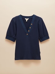 Joules Tabitha Navy Blue Ribbed V-Neck Top With Puff Sleeves - Image 6 of 6