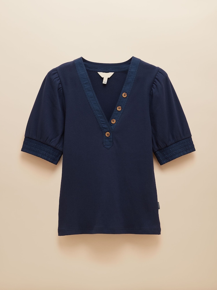 Joules Tabitha Navy Blue Ribbed V-Neck Top With Puff Sleeves - Image 6 of 6 Joules Tabitha Navy Blue Ribbed V-Neck Top With Puff Sleeves - Image 6 of 6