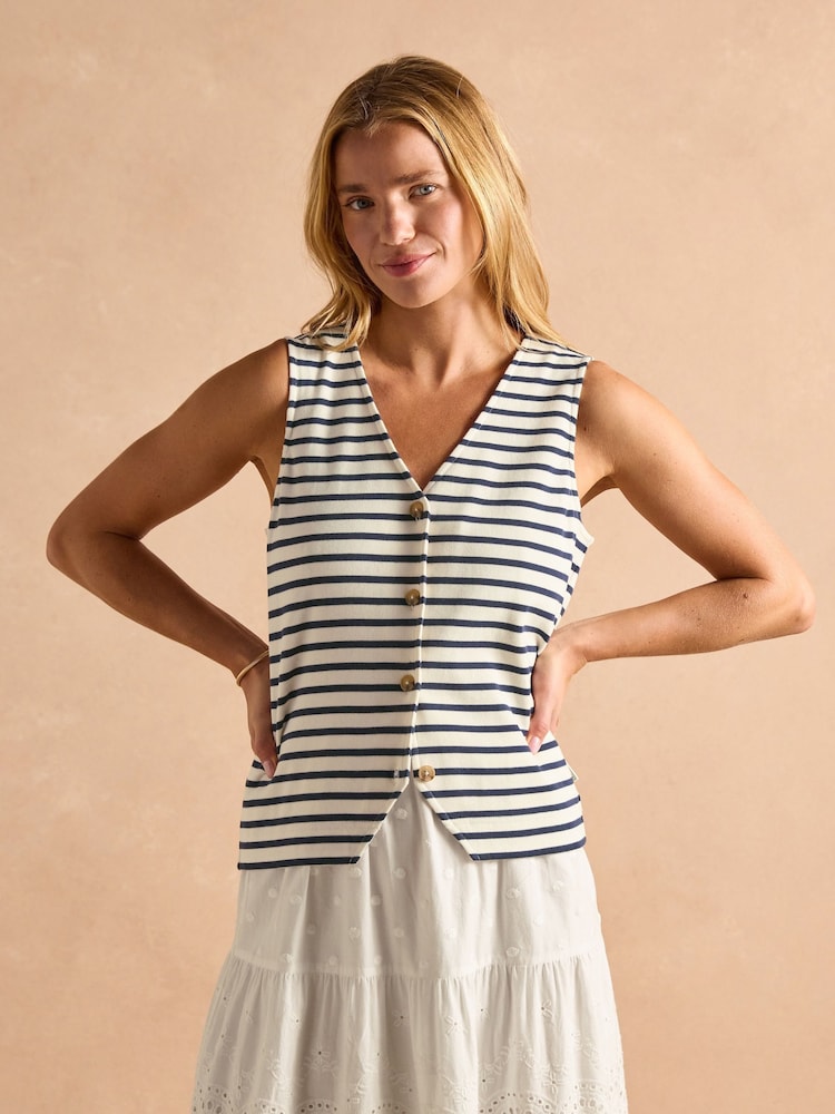 Kremno bela in temno modra - Joules Premium Ribbed Jersey Cotton Waistcoat - Slika 1 iz 8 Kremno bela in temno modra - Joules Premium Ribbed Jersey Cotton Waistcoat - Slika 1 iz 8