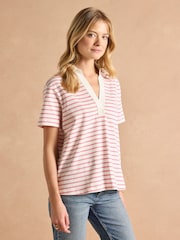 Joules Tallie Pink/White Short Sleeve Combed 100% Cotton Collared Top - Image 1 of 9
