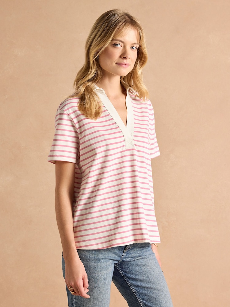 Joules Tallie Pink/White Short Sleeve Combed 100% Cotton Collared Top - Image 1 of 9