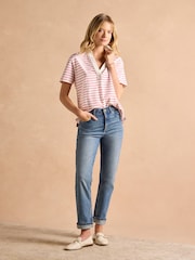 Joules Tallie Pink/White Short Sleeve Combed 100% Cotton Collared Top - Image 3 of 9