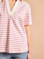 Joules Tallie Pink/White Short Sleeve Combed 100% Cotton Collared Top - Image 7 of 9