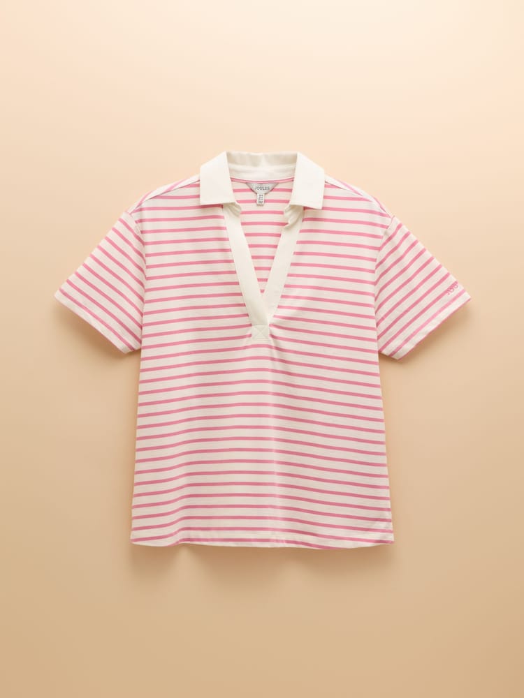 Joules Tallie Pink/White Short Sleeve Combed 100% Cotton Collared Top - Image 9 of 9