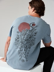 Blue Tiger Relaxed Fit 100% Cotton Japanese Back Print Graphic T-Shirt - Image 1 of 9