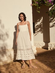 White Textured 100% Cotton Bandeau Midi Dress - Image 1 of 6